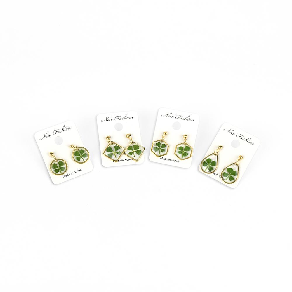 Resin Craft Earring with Four Leaf Clover Dangle Real Lucky Clover Ear Rings - Hexagon Type