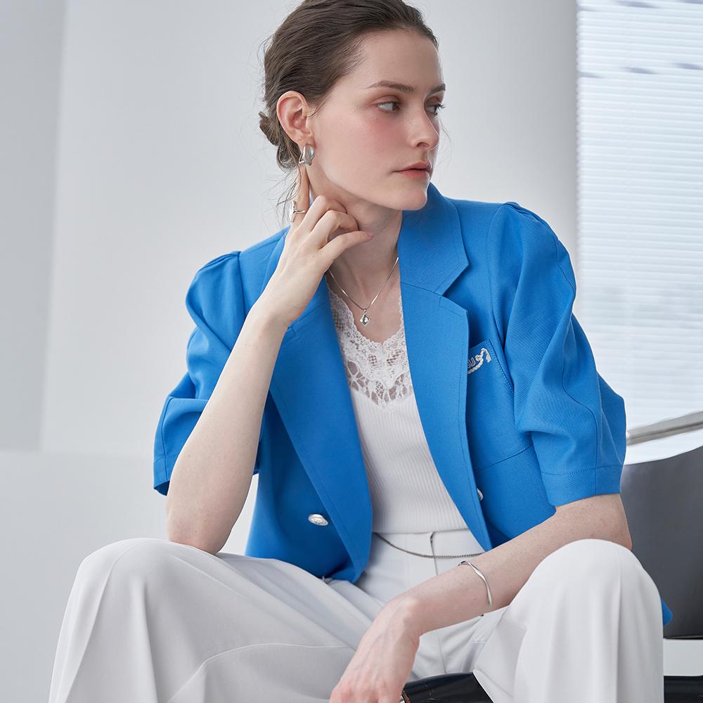 Linen Embroidered Volume-Sleeve Short Jacket